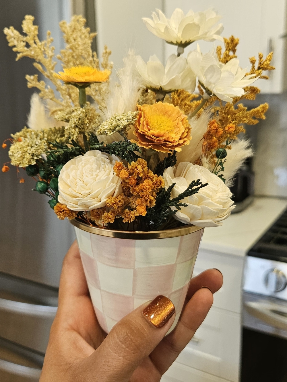 MacKenzie-Childs White & Yellow Faux Floral Arrangement in Check Ceramic Pot